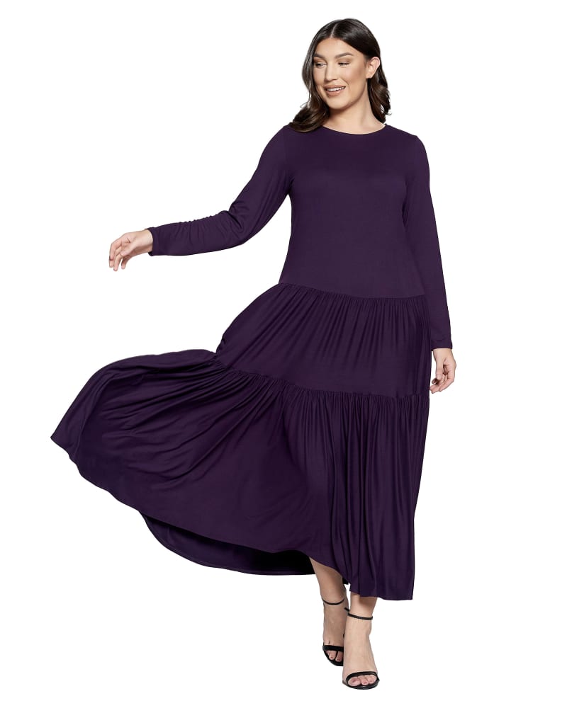 Front of a model wearing a size 3X Alice Tiered Maxi Dress in Eggplant by L I V D. | dia_product_style_image_id:339620